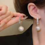 Clip Diamond Hoop Pearl Drop Earrings - Image 4