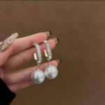 Clip Diamond Hoop Pearl Drop Earrings - Image 5