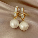 Clip Diamond Hoop Pearl Drop Earrings - Image 2