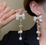 Bow Pearl Tassel Long Earrings - Image 3