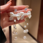 Bow Pearl Tassel Long Earrings