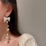 Bow Pearl Tassel Long Earrings - Image 2