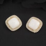 Elegant Square Opalite Stud Earrings with Double Pave Crystal Halo - Image 3