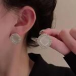 Elegant Square Opalite Stud Earrings with Double Pave Crystal Halo - Image 4