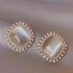 Elegant Square Opalite Stud Earrings with Double Pave Crystal Halo