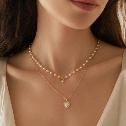 Pearl Strand & Crystal Heart Pendant Layered Necklace