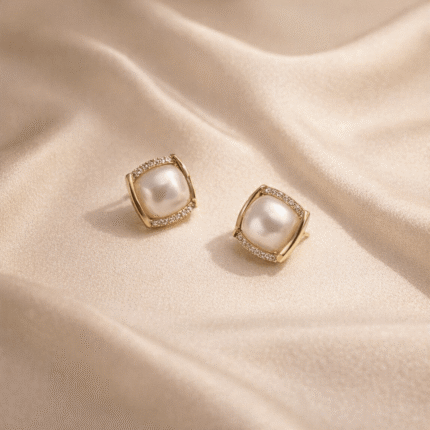 Square Pearl & Pavé Crystal Bezel Stud Earrings